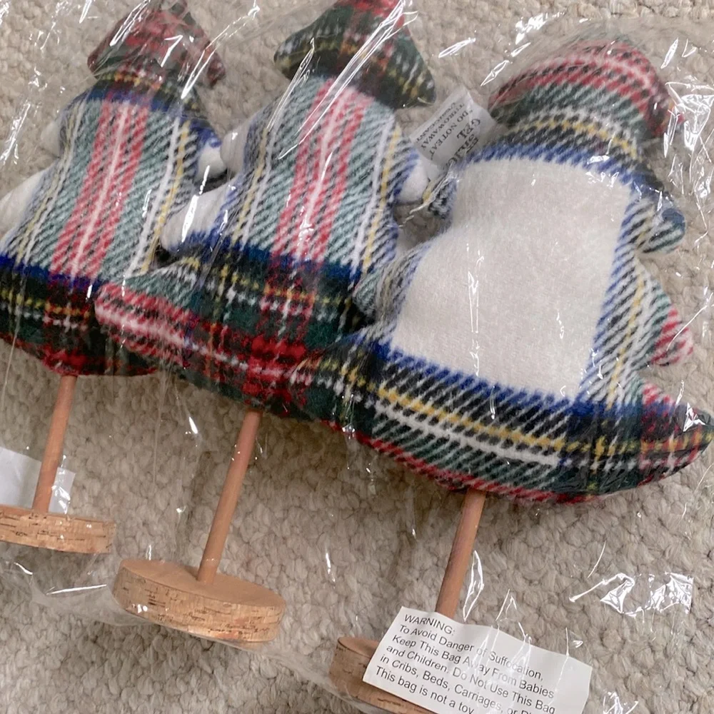 X3 Wondershop Plaid Fabric Christmas Tree with Wood Base‎ Figurine, NEW